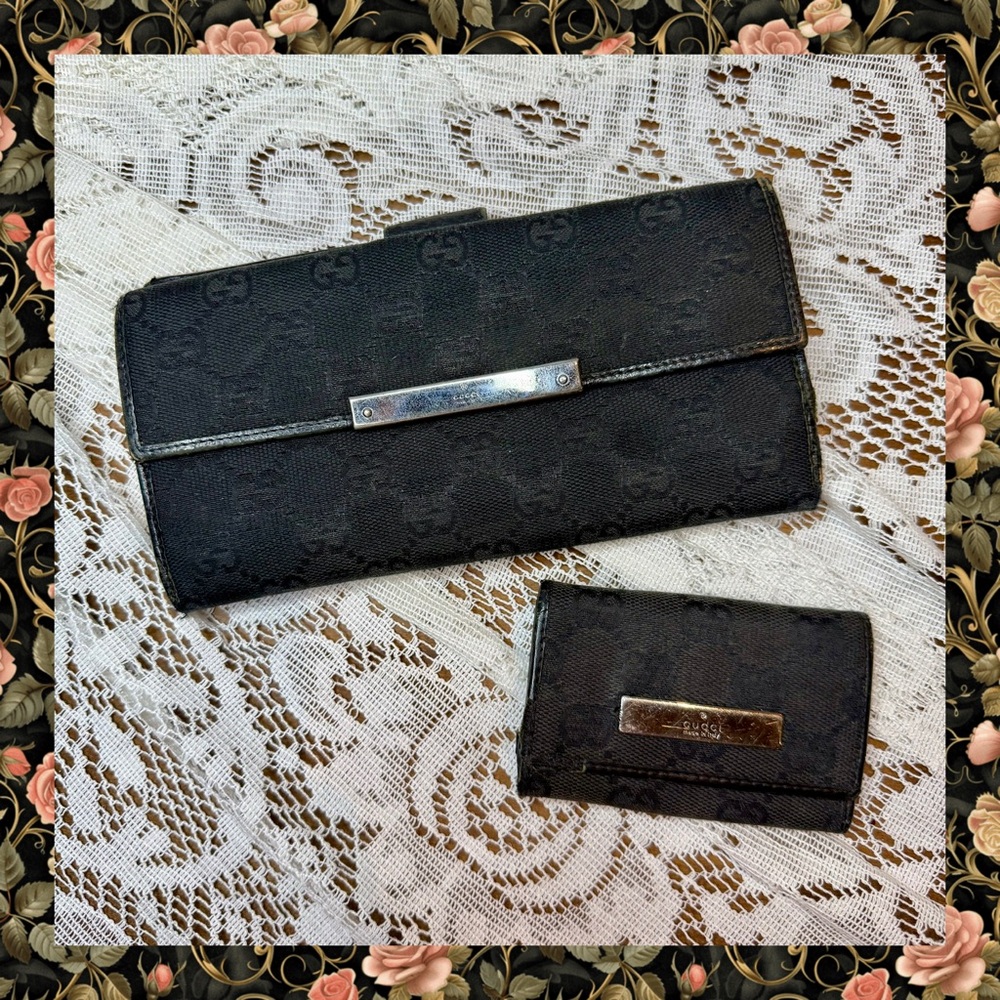 Gucci Black Monogram Wallet and Key Holder Set